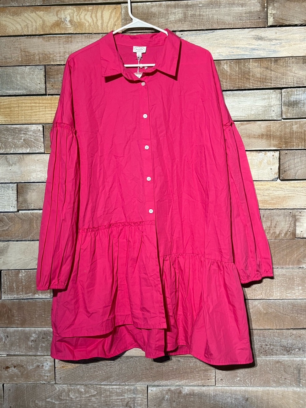 Mud Pie Mary Hot Pink Cotton Poplin Asymmetrical Tiered Ruffle Shirt Dress NWT